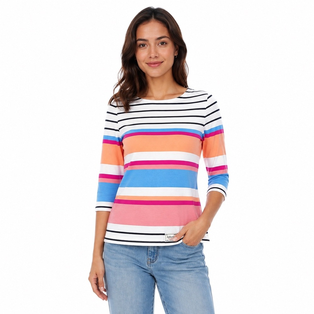 Talbots Petite Women P Striped 3/4 Sleeve Cotton Boat Neck Top Multi-Color